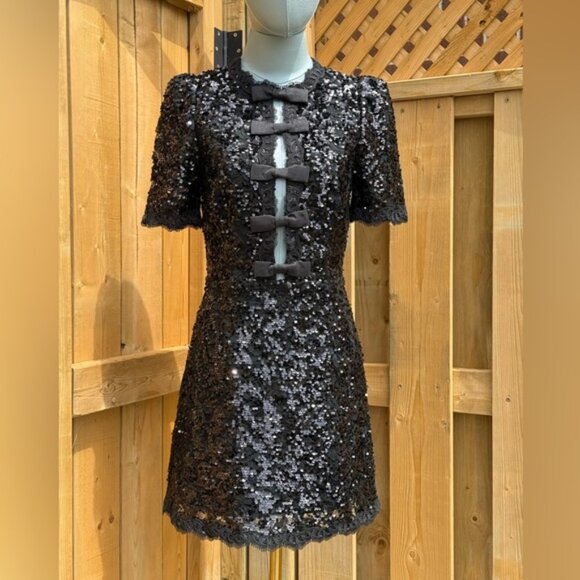 🆕 REBECCA VALLANCE 🧿 NWOT x Nicky Hilton Diana Black Bow Sequin Mini, Sz US 2 - Picture 10 of 16